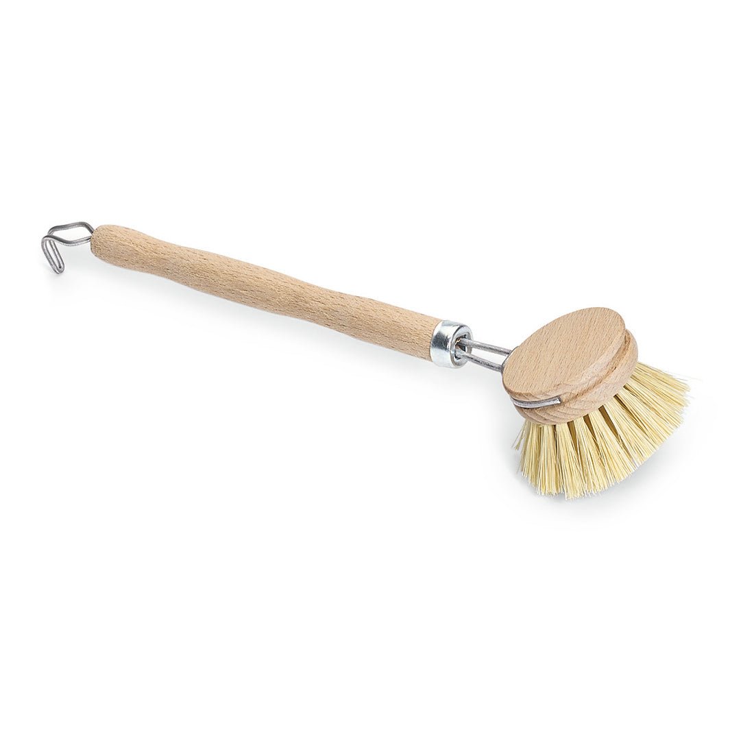 Nölle Profi Brush umývacia kefa 25 cm s drevenou rukoväťou, tepelne odolnými vláknovými štetinami, okrúhlou hlavou a kovovým háčikom na konci rukoväte od Nölle Profi Brush Bürsten- & Pinseltechnik e.K. je zobrazená na bielom pozadí.
