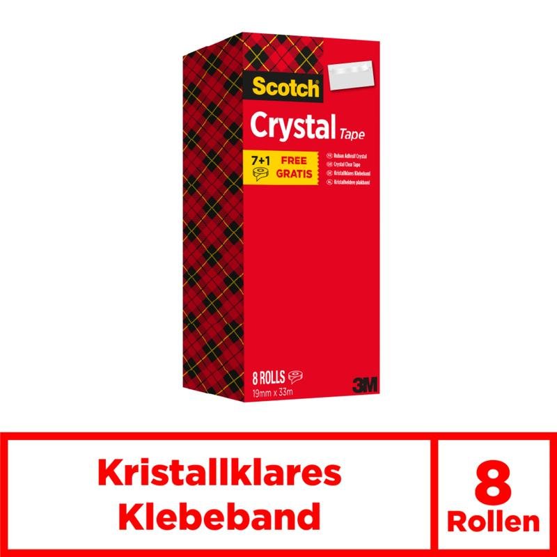 Červená škatuľa 3M Deutschland GmbH Scotch® Crystal lepiacej pásky, priehľadná, výhodné balenie s kockovanou stranou nesie nápis "8 roliek", "Krištáľovo čistá lepiaca páska", zdôrazňuje "7+1 Free" a obsahuje lepiace pásky vo formáte 19 mm x 33 m.