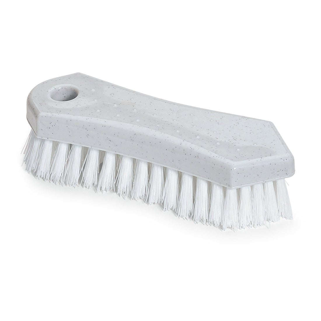 Nölle Profi Brush univerzálna kefa 18 cm od Nölle Profi Brush Bürsten- & Pinseltechnik e.K. má tvrdé PP štetiny a otvor na rukoväť, ideálna na čistenie, tu v sivej umelej hmote na bielom podklade.