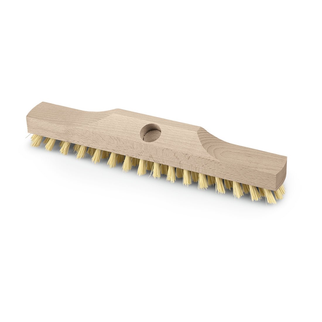 Náhradný diel Nölle Profi Brush Wischer Fibre 29 cm od Nölle Profi Brush Bürsten- & Pinseltechnik e.K. je drevená hlava kefy s tuhými, svetlými štetinami a stredovým otvorom na upevnenie rukoväte, zobrazený na bielom podklade.
