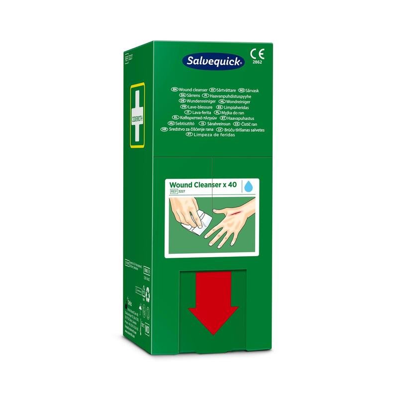 Zelená škatuľa (40 kusov) od Orkla Wound Care AB Salvequick savett čistič rán (0,9% NaCl, sterilný) je opatrená bielym krížom, viacjazyčným textom, obrázkom čistenia rúk a veľkou červenou šípkou smerujúcou nadol na spodnej časti.