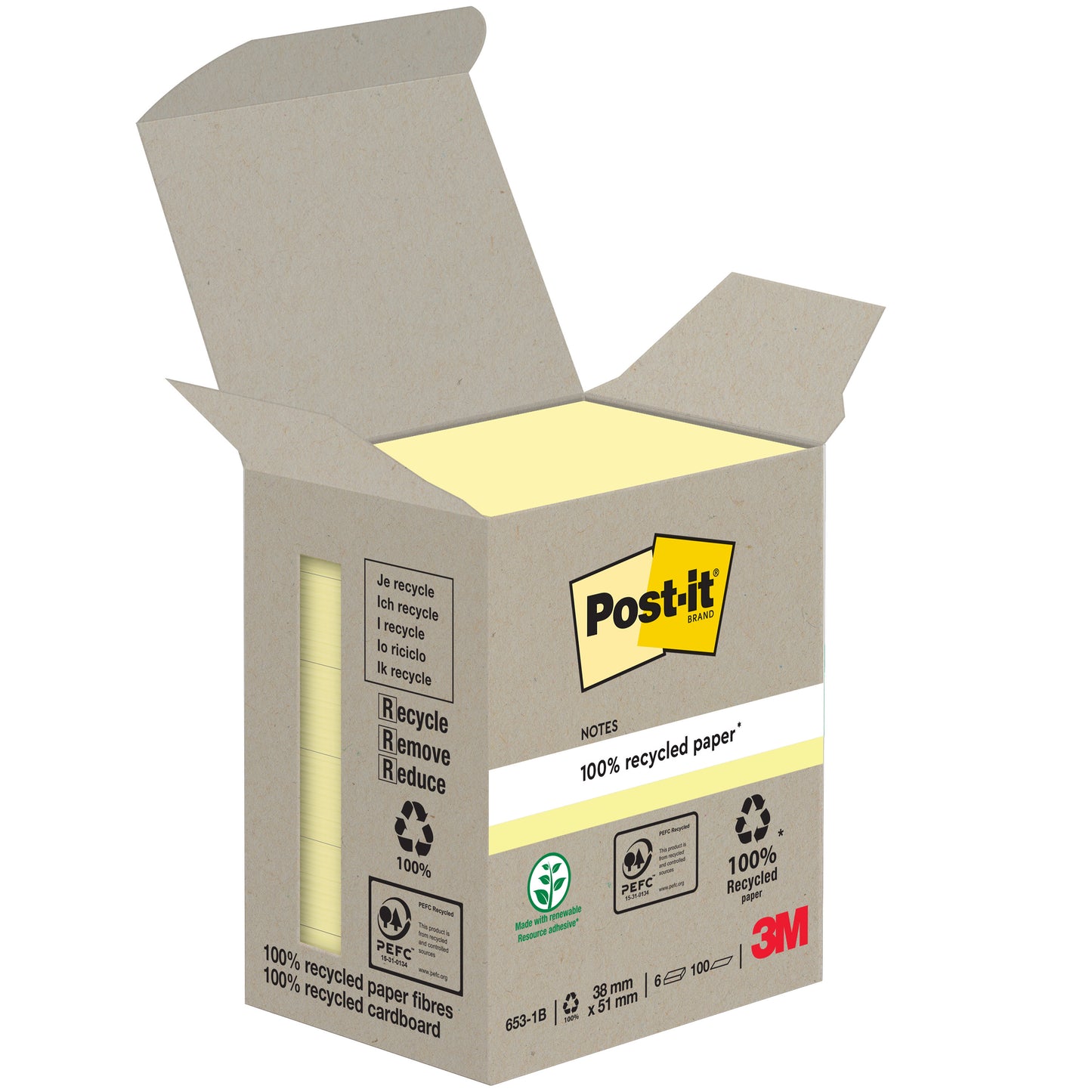 Otvorená škatuľka Post-it® recyklovaných poznámok, 38 mm x 51 mm, 100 listov na blok, vyrobená zo 100% PEFC certifikovaného papiera od 3M Deutschland GmbH, ukazuje žlté poznámky s recyklačnými logami a logom 3M na obale.