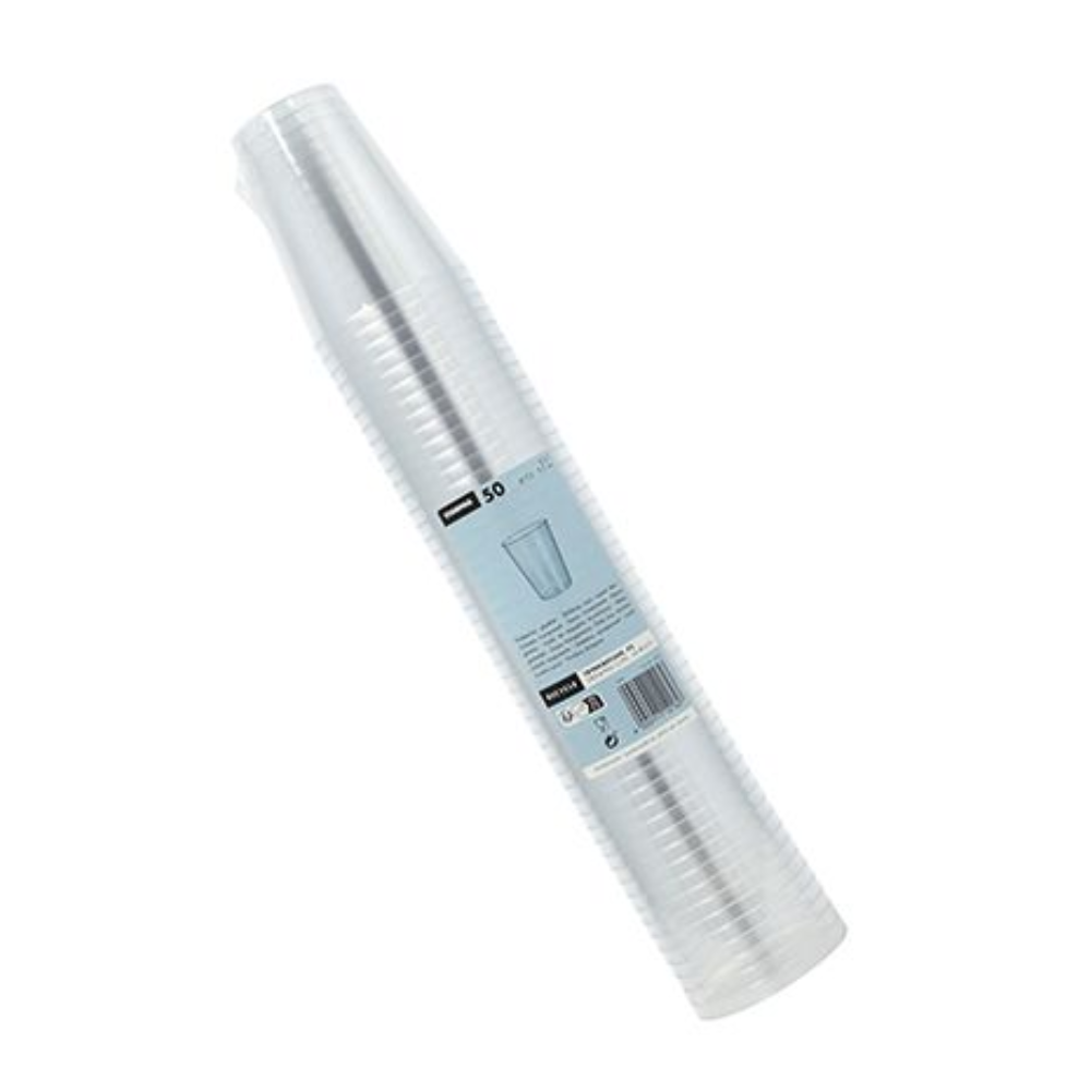 Stoh pohárov Starpak 50, PS číre, je zabalený v plastiku s bledomodrou etiketou, na ktorej sú uvedené značka Starpak a údaje o produkte, vrátane množstva 50 pohárov.