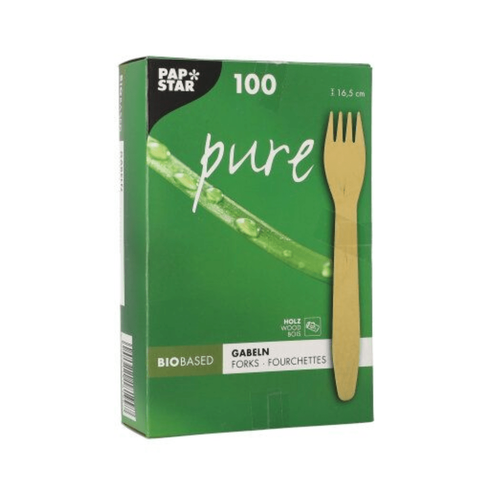 Zelená skladacia škatuľa od PAPSTAR Spoločnosť GmbH s nápisom „Holzgabeln pure“ ponúka 100 ekologických, pevných drevených vidličiek (16,5 cm) s obrázkom vidličky a stonky rastliny na prednej strane.