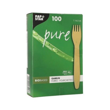 Zelená skladacia škatuľa od PAPSTAR Spoločnosť GmbH s nápisom „Holzgabeln pure“ ponúka 100 ekologických, pevných drevených vidličiek (16,5 cm) s obrázkom vidličky a stonky rastliny na prednej strane.