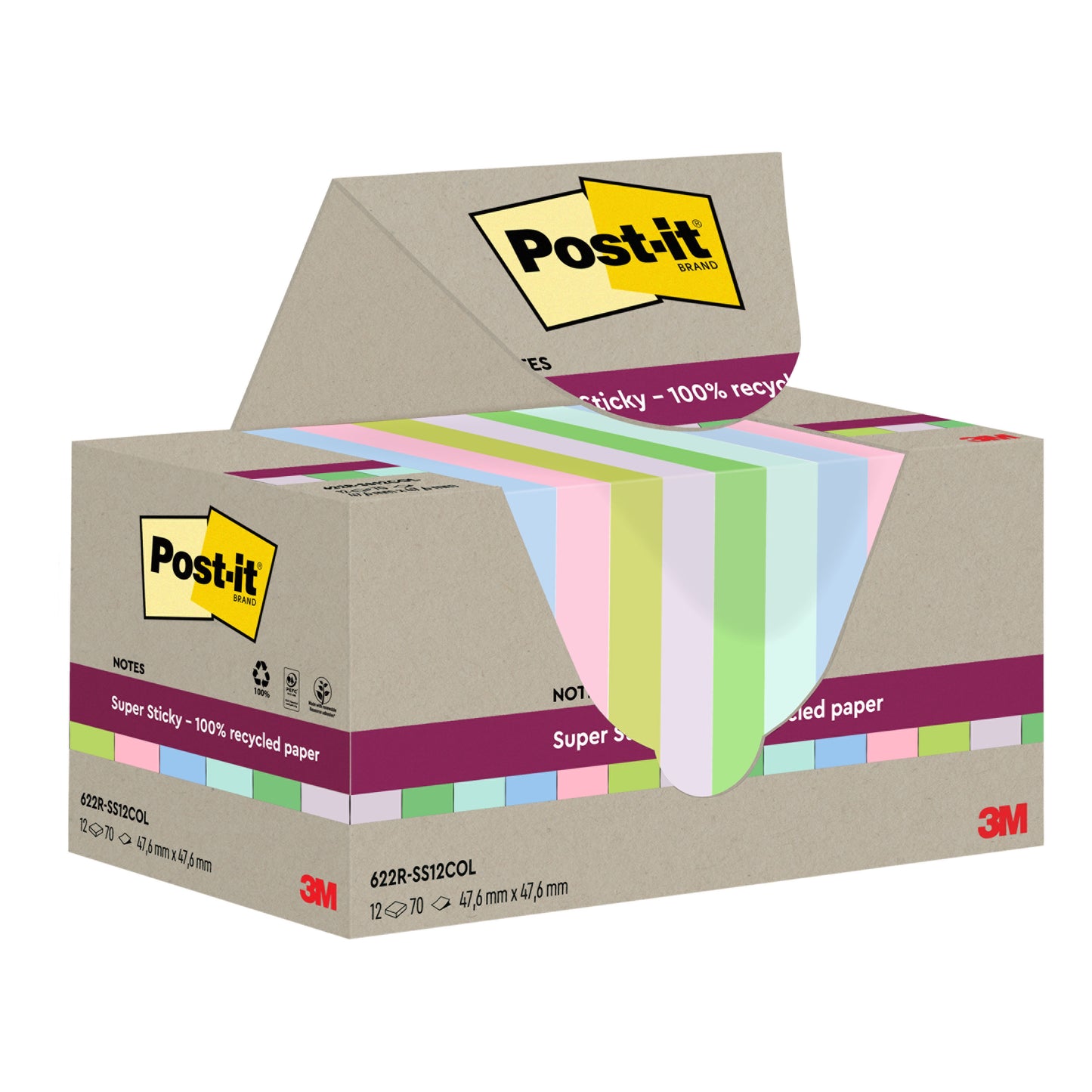 Krabica Post-it® Super Sticky 100% recyklovateľných poznámok (47,6 x 47,6 mm, 70 listov na blok, 100% PEFC) od 3M Deutschland GmbH, s čiastočne vytiahnutými pastelovými poznámkami, ktoré sú označené logami značky.