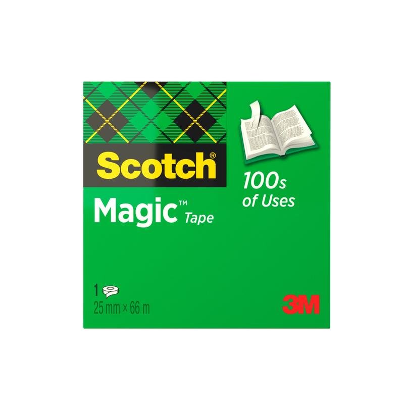 Zelená škatuľa Scotch® Magic™ Neviditeľná lepiaca páska od 3M Deutschland GmbH s logom Scotch, symbolom otvorenej knihy, "100 použití", "3M" v červenom a údajom 25 mm x 66 m s 1 rolkou vo vnútri.