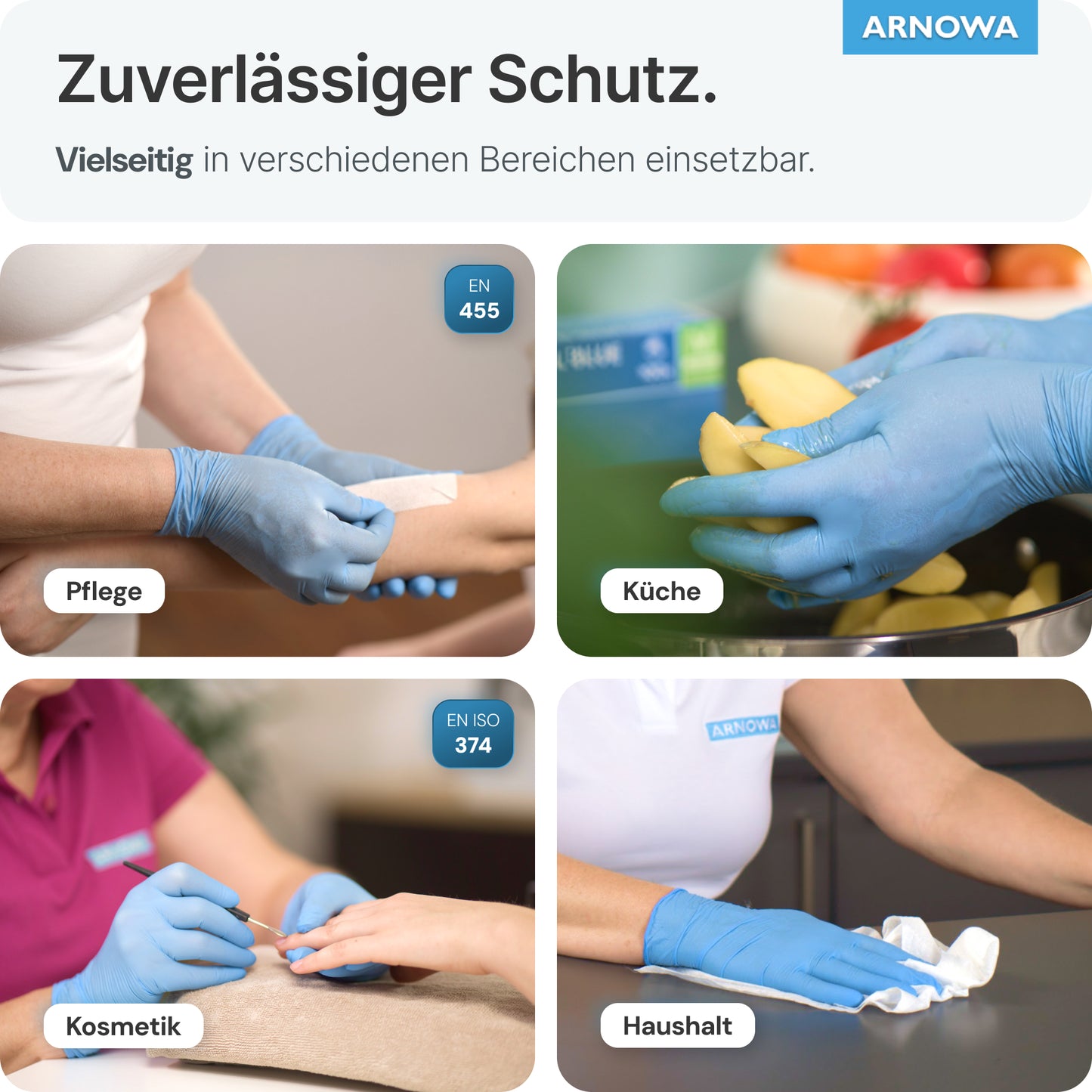 Koláž: Štyri fotografie ukazujú jednorazové rukavice ARNOMED NITRIL BLUE z nitrilu (ARNOWA GmbH) pri použití v starostlivosti, kuchyni, kozmetike a domácnosti. Bez latexu a bez prášku - pre spoľahlivú ochranu.