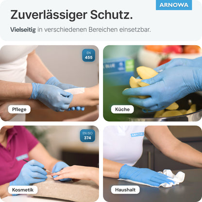 Koláž: Štyri fotografie ukazujú jednorazové rukavice ARNOMED NITRIL BLUE z nitrilu (ARNOWA GmbH) pri použití v starostlivosti, kuchyni, kozmetike a domácnosti. Bez latexu a bez prášku - pre spoľahlivú ochranu.