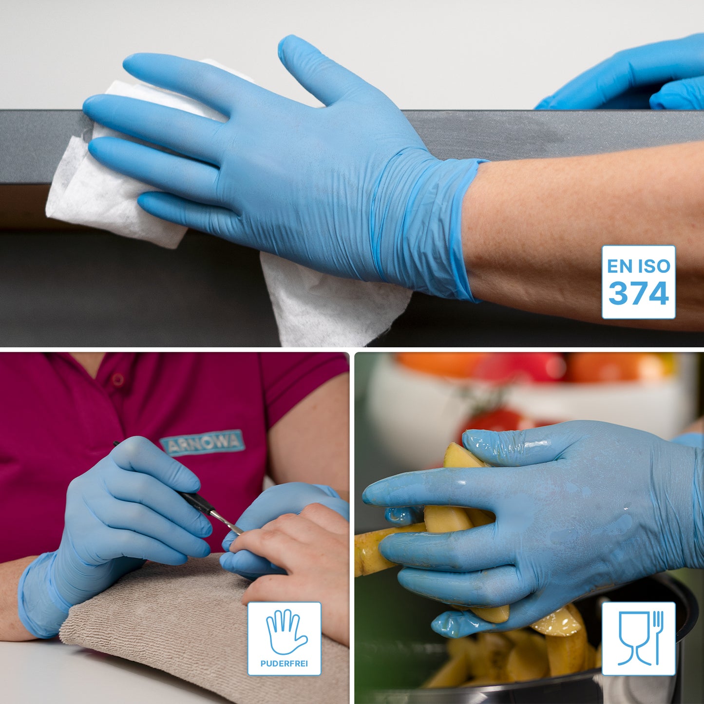 Koláž zobrazuje ARNOMED NITRIL BLUE 200 nitrilové rukavice modrej farby od ARNOWA GmbH pre čistenie, starostlivosť o nechty a manipuláciu s potravinami. Ikony ukazujú certifikáciu balenia po 200 kusoch podľa EN ISO 374 a vhodnosť pre kontakt s potravinami a prevenciu alergií.