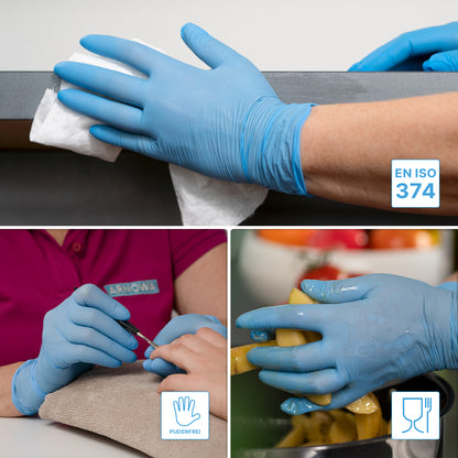 Koláž zobrazuje ARNOMED NITRIL BLUE 200 nitrilové rukavice modrej farby od ARNOWA GmbH pre čistenie, starostlivosť o nechty a manipuláciu s potravinami. Ikony ukazujú certifikáciu balenia po 200 kusoch podľa EN ISO 374 a vhodnosť pre kontakt s potravinami a prevenciu alergií.