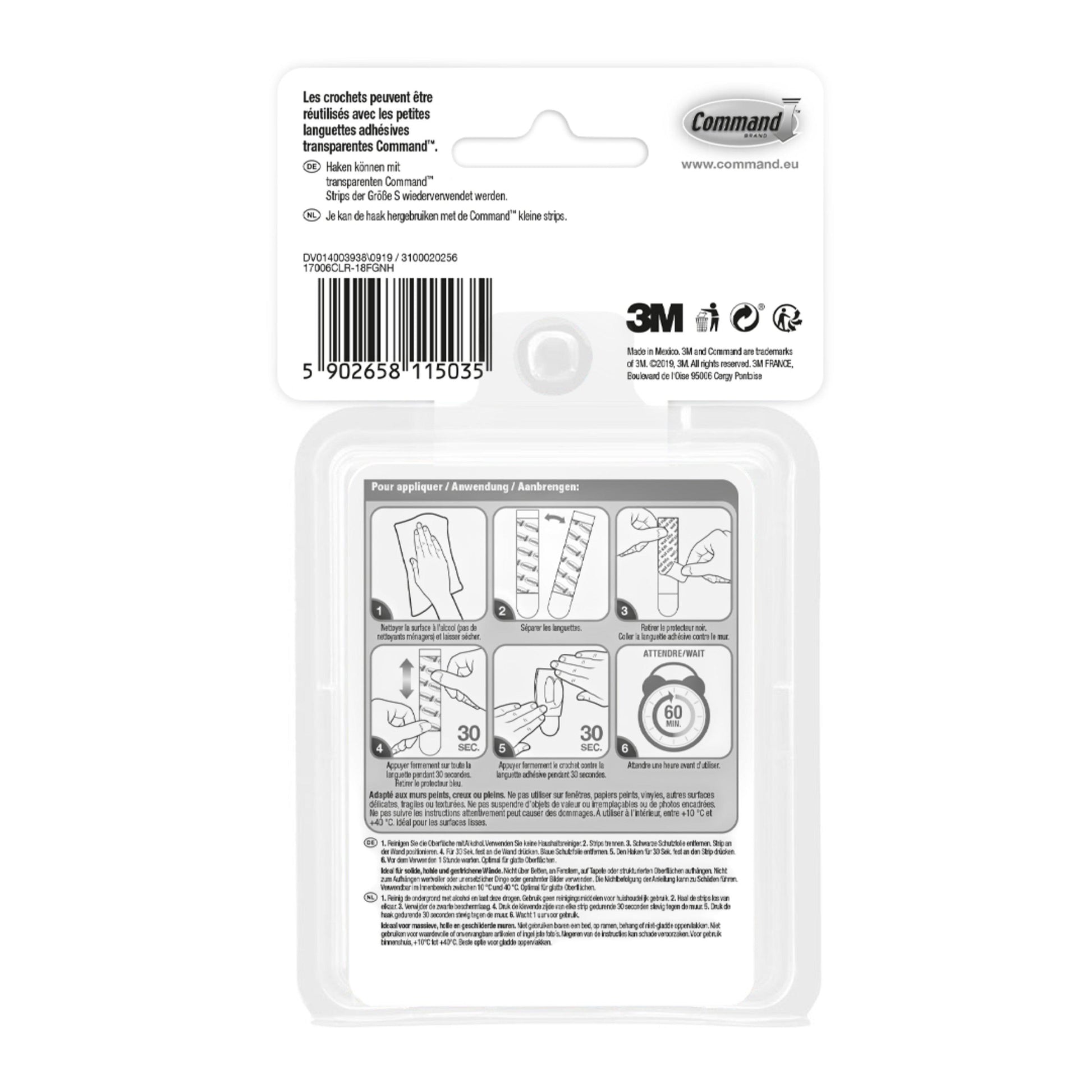 Rückseite der Command™ Mini-Haken Packung (1 Stück) von 3M Deutschland GmbH mit Montageanleitung (französisch/deutsch), Abbildungen, Produkt- und Barcode, 3M/Command-Logos sowie Recyclinginfos.