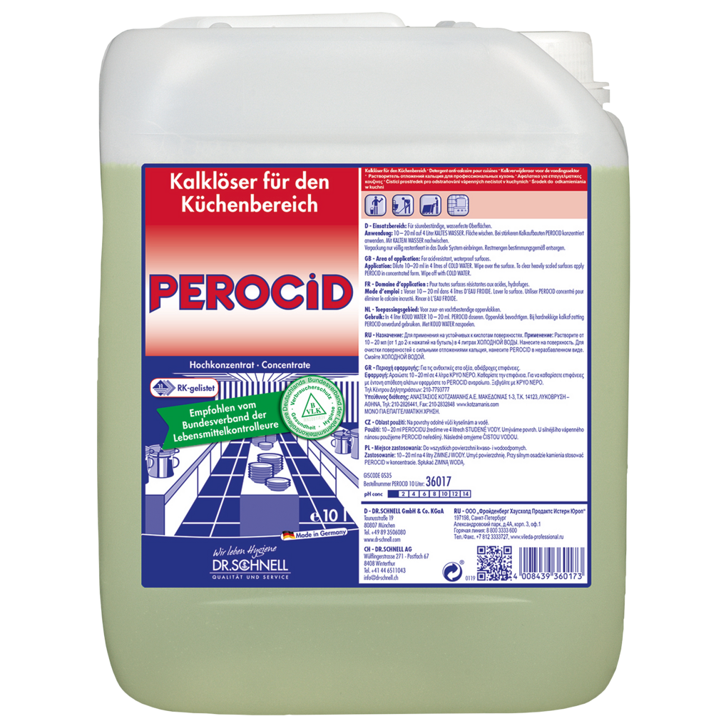 Ein 10-Liter-Behälter von Dr. Schnell PEROCID Kalklöser für Oberflächen der DR.SCHNELL GmbH & Co. KGaA, mit weißem Deckel und Griff, ist mit einem rot-blauen deutschen Etikett mit Hinweisen und Sicherheitssymbolen versehen.