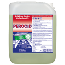 Ein 10-Liter-Behälter von Dr. Schnell PEROCID Kalklöser für Oberflächen der DR.SCHNELL GmbH & Co. KGaA, mit weißem Deckel und Griff, ist mit einem rot-blauen deutschen Etikett mit Hinweisen und Sicherheitssymbolen versehen.