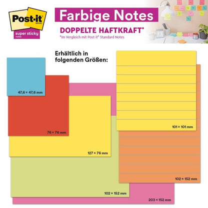 Zobrazené sú 3M Post-it® Super Sticky Notes vo veľkom formáte, linajkované, 101 mm × 152 mm v farbách žltá, ružová, oranžová, zelená a modrá. Každé balenie obsahuje tri PEFC-certifikované bloky s 75 listami.
