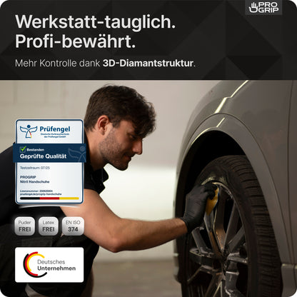 Muž nosí jednorazové rukavice ARNOWA PROGRIP NITRIL DIAMOND BLACK a čistí pneumatiku auta. Text zdôrazňuje profesionálnu kvalitu, diamantovú štruktúru a certifikáciu, zatiaľ čo ikony ukazujú vlastnosti produktu.