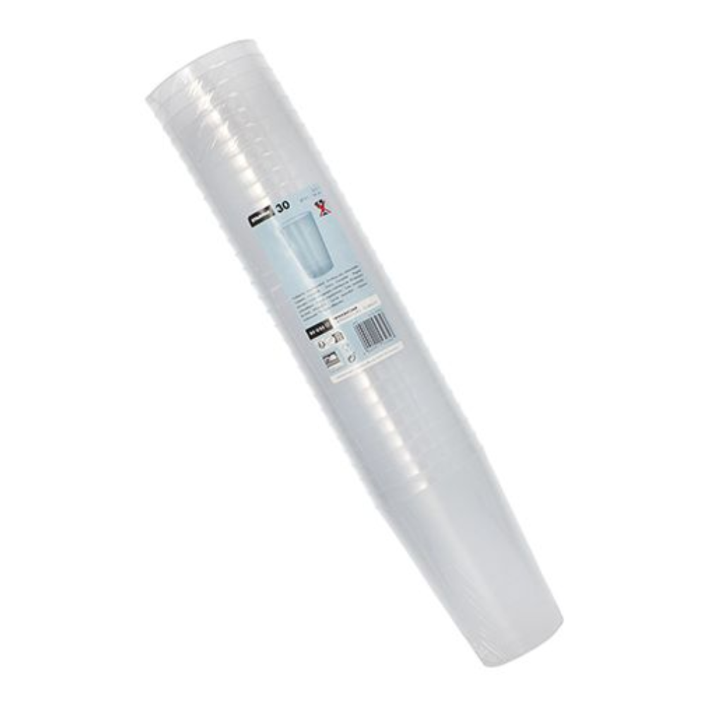 Stoh opakovane použiteľných plastových pohárov Starpak PP 0,5 l, zabalených v priehľadnej zmršťovacej fólii s etiketou a čiarovým kódom. Poháre sú vertikálne usporiadané pred jednoduchým bielym pozadím.