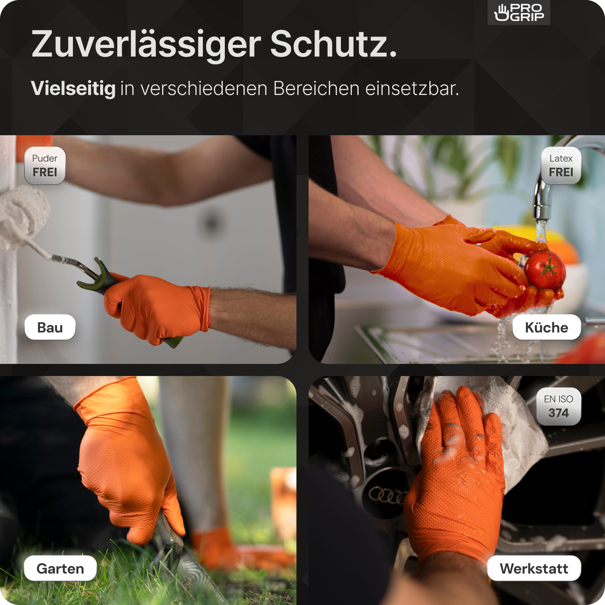 Eine Collage zeigt Hände, die PROGRIP NITRIL DIAMOND ORANGE Einmalhandschuhe von ARNOWA GmbH mit Diamantstruktur in Orange tragen, die für Gartenarbeit, Autoreinigung, Küchenarbeiten und den Umgang mit Baumaterialien verwendet werden.