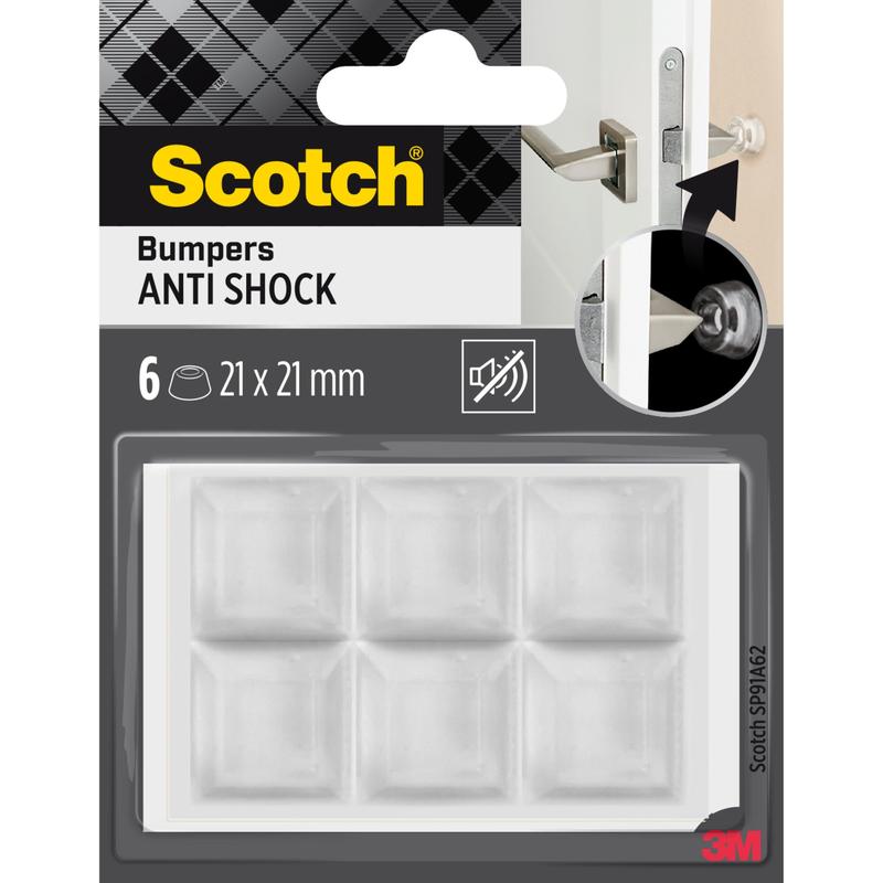 Balenie so 6 samolepiacimi priehľadnými elastickými nárazovými tlmičmi Scotch® na steny SP91A62 od spoločnosti 3M Deutschland GmbH, samolepiace a priehľadné, každý 21 x 21 mm, vystavené na tácke s obalom, ktorý ukazuje použitie ako nárazník na dvere, aby sa predišlo poškodeniu.