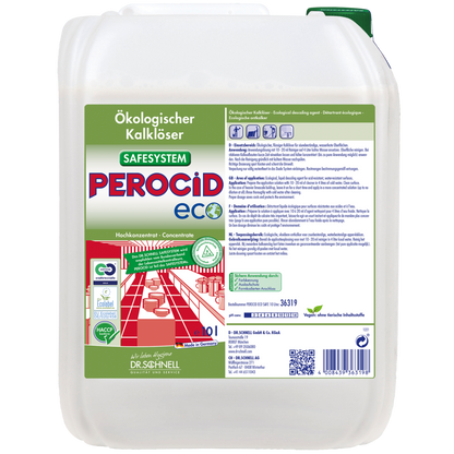 Ein weißer 10-Liter-Behälter mit Dr. Schnell PEROCID ECO Kalklöser für Oberflächen der DR.SCHNELL GmbH & Co. KGaA, mit grünem Etikett mit Produktinformationen, Sicherheitssymbolen und deutscher Anleitung für diesen umweltfreundlichen Oberflächenentkalker.
