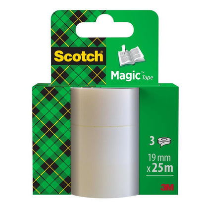 3M Deutschland GmbH ponúka neviditeľnú lepiacu pásku Scotch® Magic™ 8-1925R3 ako náhradné balenie s tromi rolkami po 19 mm x 25 m v zelenom kockovanom dizajne a viditeľným brandingom na obale.