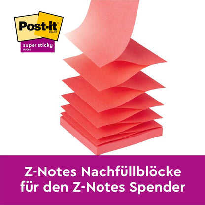 Stoh Post-it® Super Sticky Z-Notes (76x76 mm, rôzne farby, 20+4 zdarma/balenie) od 3M Deutschland GmbH je vejárovito usporiadaný nad fialovým bannerom s nápisom "Z-Notes náhradné bloky pre Z-Note dávkovač".
