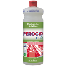 Eine Flasche Dr. Schnell PEROCID ECO Kalklöser für Oberflächen der DR.SCHNELL GmbH & Co. KGaA, mit grün-weißem Etikett mit Zertifizierungen, rotem Küchenmotiv, rotem Verschluss und blauer "100% recycled"-Marke oben.