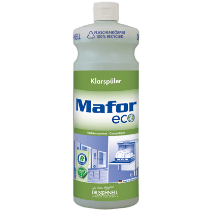 Eine 1L Flasche Dr. Schnell MAFOR ECO Klarspüler für Geschirrspülmaschinen von DR.SCHNELL GmbH & Co. KGaA trägt ein grün-weißes Etikett mit umweltfreundlichen Symbolen und einem Spülmaschinenbild für streifenfreies Geschirr.