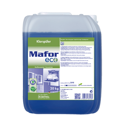 Ein 20-kg-Kunststoffbehälter mit Dr. Schnell MAFOR ECO Klarspüler für Geschirrspülmaschinen der DR.SCHNELL GmbH & Co. KGaA, ein umweltfreundliches blaues Klarspülmittel mit einem Etikett, das Geschirr und Öko-Symbole zeigt und auf streifenfreie Ergebnisse in Geschirrspülmaschinen hinweist.