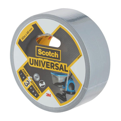 Kotúč Scotch® Univerzálnej lepiacej pásky 2904 od 3M Deutschland GmbH, veľkosti 50 m x 48 mm, s obalom, na ktorom je uvedená značka, trieda pevnosti a obrázky možných aplikácií.