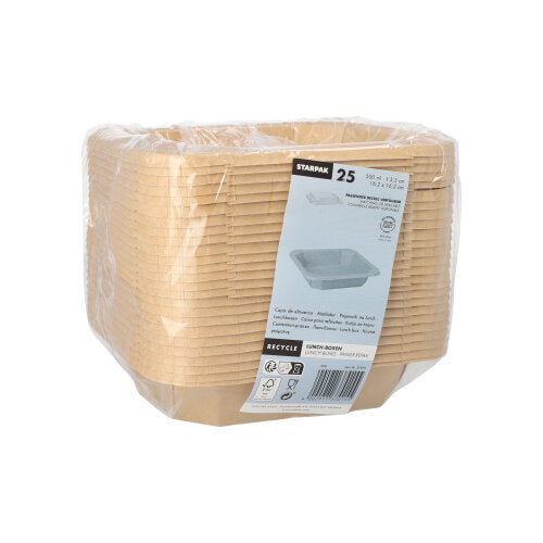 Stoh 25 Starpak obedových boxov, kartónové hranaté, je zabalený v priehľadnom plaste a má na prednej strane etiketu s detailmi produktu a obrázkom jednej nádoby.