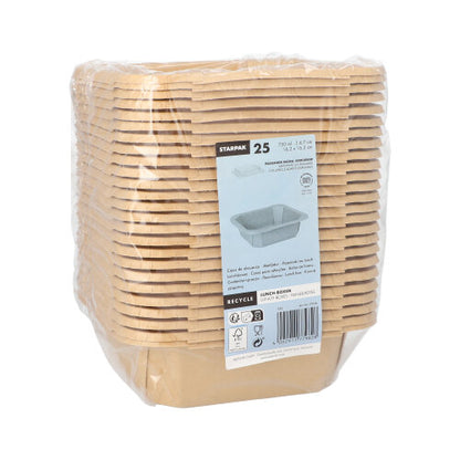 Balíček obsahuje 25 obdĺžnikových, hnedých Starpak obedových boxov z kartónu, zabalených v plastovej fólii, s etiketou na prednej strane, ktorá ukazuje značku Starpak a informácie o produkte. Perfektné ako ekologický obedový box na každú udalosť.