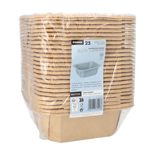 Zobrazený je stoh Starpak 25 obedových boxov, kartónové hranaté, zabalený v plastovej fólii. Na prednej strane sa nachádza biela etiketa so značkou Starpak, detailmi o produkte, čiarovým kódom, recyklačnými symbolmi a obrázkom otvorenej krabice.