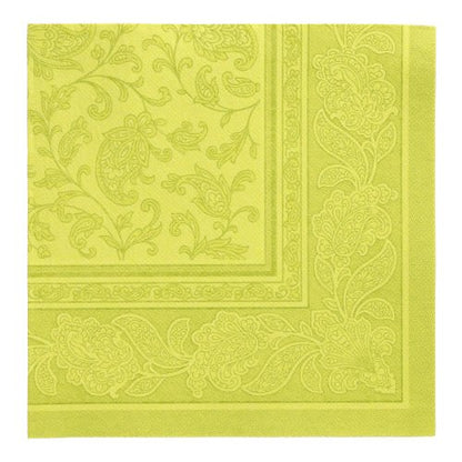 Zelený, štvorcový papierový obrúsok z PAPSTAR "ROYAL Collection" (40 x 40 cm, 1/4 sklad) od PAPSTAR GmbH ukazuje zdobený paisley vzor a dekoratívny lem s kvetinovými a listovými motívmi.