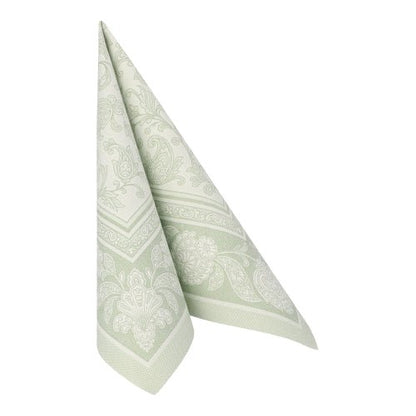 Svetlozelená PAPSTAR GmbH 50 servítok "ROYAL Collection" 1/4-skladacia servítka (40 x 40 cm) s bielymi paisley a kvetinovými vzormi, ktorá je zložená do špičky, na bielom pozadí.