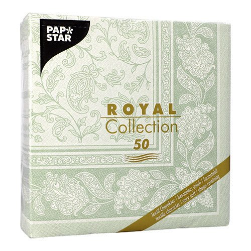 50 servítok "ROYAL Collection" 1/4-skladacia PAPSTAR GmbH vo formáte 40 x 40 cm v zelenej farbe sú zdobené dekoratívnym bielym paisley vzorom a elegantným zlatobielym textom na prednej strane.