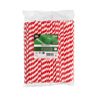 Priehľadný plastový sáčok obsahuje 200 PAPSTAR slamiek papier červená/biela "Stripes", flexibilné, 22 cm. Štítok PAPSTAR GmbH ukazuje veľkosť a ekologický papierový materiál na bielom pozadí.