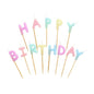 To PAPSTAR Súprava sviečok s písmenami obsahuje pastelové sviečky s nápisom „Happy Birthday“ (8 cm), každá na drevenej tyčinke. K dispozícii v farbách ružová, žltá, modrá, fialová a zelená. Predáva sa v kartónovej krabici s 12 baleniami po PAPSTAR s.r.o.