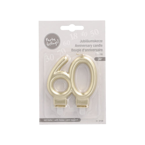 Die PAPSTAR Jubiläumskerzen mit Halter 7 cm "gold" von PAPSTAR GmbH sind Kerzen in Zahlenform (60), ideal für Geburtstage oder Jubiläen. Sie werden mit Haltern geliefert und haben eine mehrsprachige Verpackung.