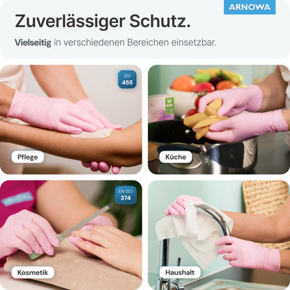 Eine Collage zeigt Hände in ARNOMED NITRIL BLOSSOM ROSE Einmalhandschuhen der ARNOWA GmbH für Aufgaben wie Verbände anlegen, Kartoffeln waschen, Nägel feilen und Wasserhahn wischen - ein zuverlässiger, latexfreier Schutz in Pflege, Küche, Kosmetik & Haushalt.