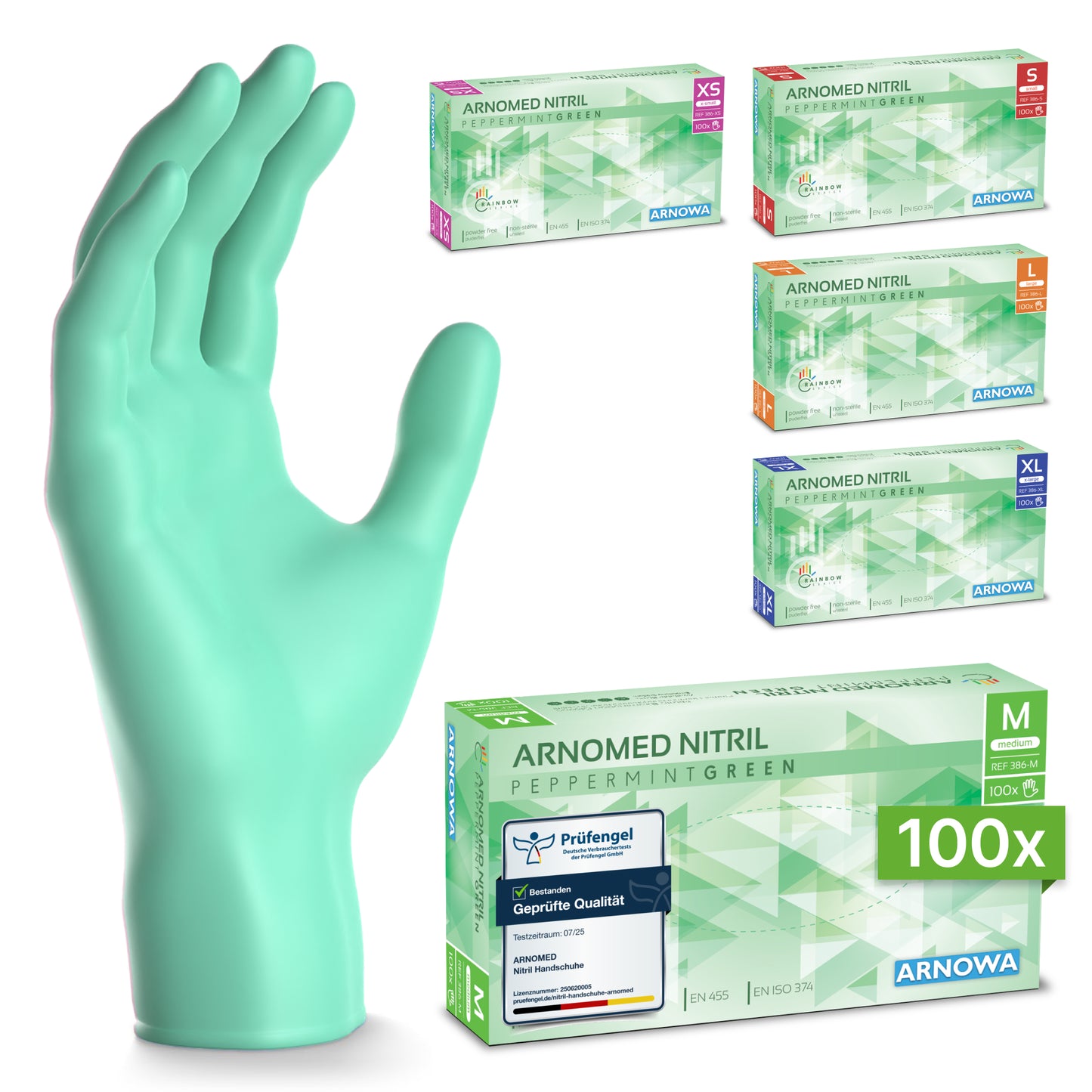 Vystavená je stojaca krabica ARNOMED NITRIL PEPPERMINT GREEN jednorazových rukavíc z nitrilu v mätovo zelenej farbe od spoločnosti ARNOWA GmbH, za ňou päť farebných krabíc s rukavicami ARNOWA v rôznych veľkostiach; predná krabica je označená "M, 100x, bez latexu".