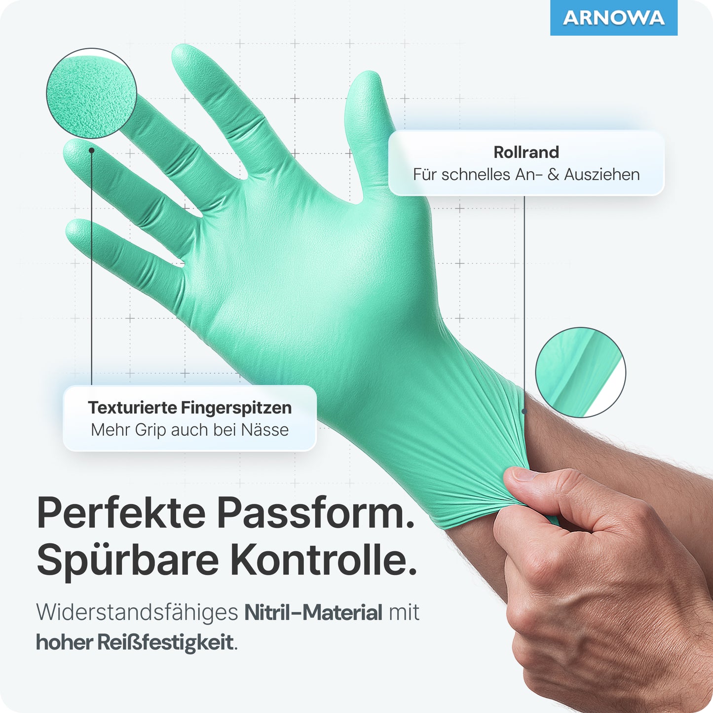 Ruka má na sebe ARNOMED NITRIL PEPPERMINT GREEN jednorazovú rukavicu od spoločnosti ARNOWA GmbH v mätovo zelenej farbe. Popis ukazuje textúrované konce prstov, zvinutú manžetu a jednoduché navliekanie. Nemecký text zdôrazňuje prispôsobenie, úchop a odolnosť proti roztrhnutiu.