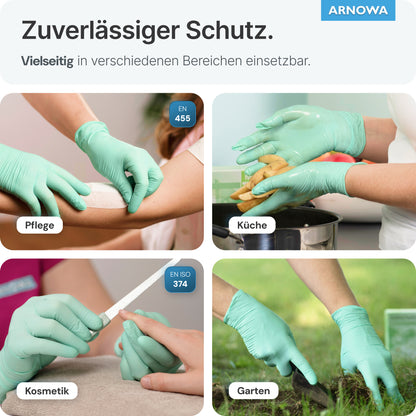 Koláž ukazuje ľudí, ktorí nosia ARNOMED NITRIL PEPPERMINT GREEN farebné jednorazové rukavice od ARNOWA GmbH pri obväzovaní, čistení, pilovaní nechtov a pri záhradných prácach. Nemecké etikety zdôrazňujú všestrannosť mätovo zelených nitrilových rukavíc.