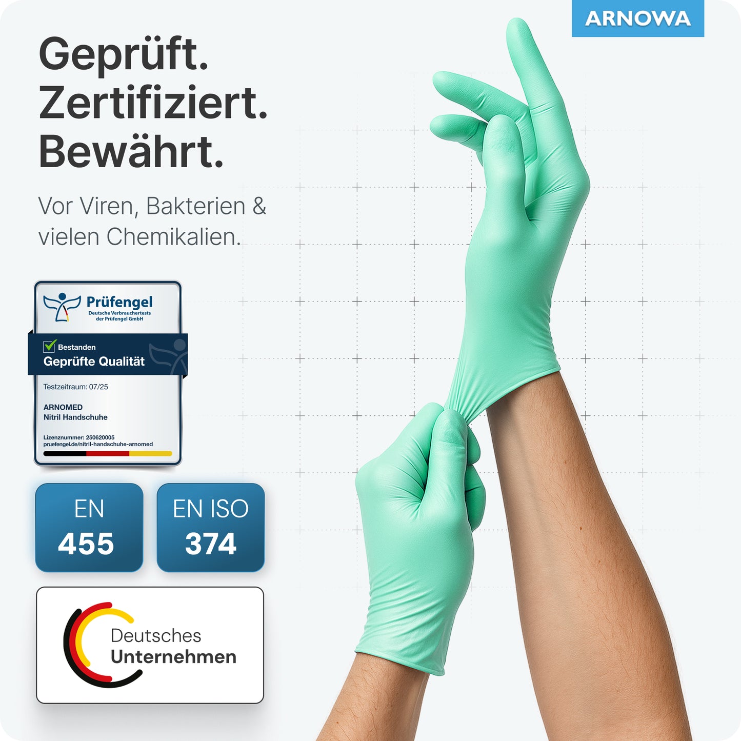 Osoba má na sebe ARNOMED NITRIL PEPPERMINT GREEN farebné jednorazové rukavice z nitrilu v mätovo zelenej farbe od ARNOWA GmbH. Obrázok ukazuje certifikačné logá a plaketu, ako aj nemecký text, ktorý potvrdzuje, že tieto bezlatexové rukavice sú testované na ochranu proti vírusom, baktériám a chemikáliám.
