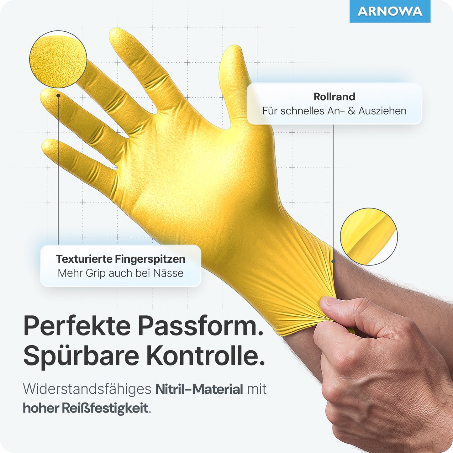Ruka má na sebe ARNOMED NITRIL SUNFLOWER YELLOW jednorazovú rukavicu od ARNOWA GmbH. Štítky ukazujú zvinutú manžetu pre jednoduchú manipuláciu a textúrované končeky prstov pre dobrý úchop. Nemecké informácie: perfektné prispôsobenie, kontrola, vysoká odolnosť proti roztrhnutiu, bez latexu.