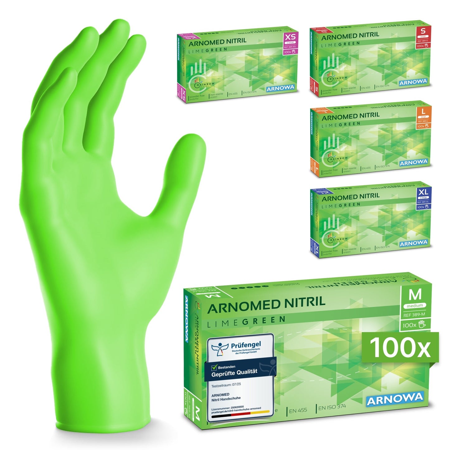 Limetkovozelená jednorazová rukavica ARNOMED NITRIL LIME GREEN od spoločnosti ARNOWA GmbH stojí vzpriamene, obklopená piatimi škatuľami s 100 latexovými rukavicami v rôznych veľkostiach.