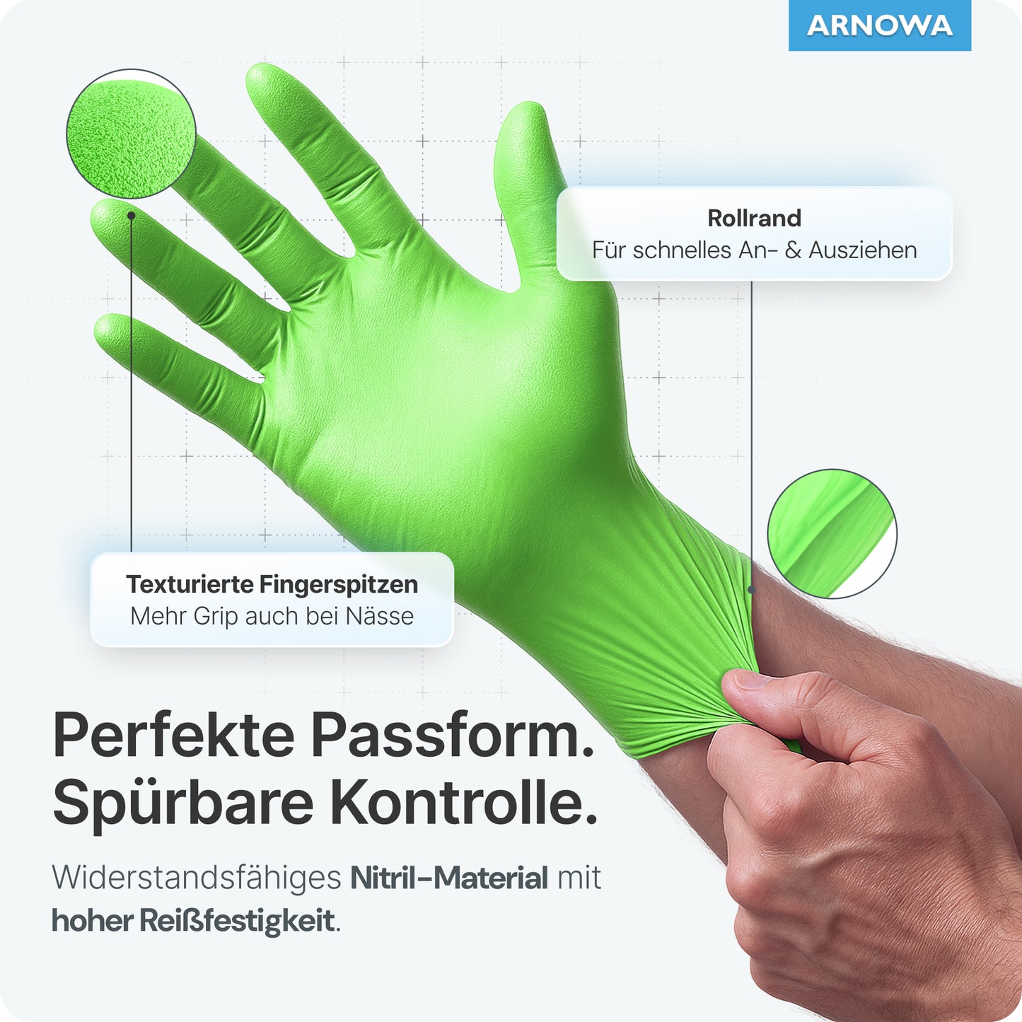Ruka si oblieka limetkovozelené jednorazové rukavice ARNOMED NITRIL LIME GREEN z nitrilu od spoločnosti ARNOWA GmbH. Text zdôrazňuje štruktúrované končeky prstov pre lepšiu priľnavosť, zvinutú manžetu pre jednoduchú manipuláciu, latexový materiál, perfektné prispôsobenie a odolnosť proti roztrhnutiu. Branding vpravo hore.