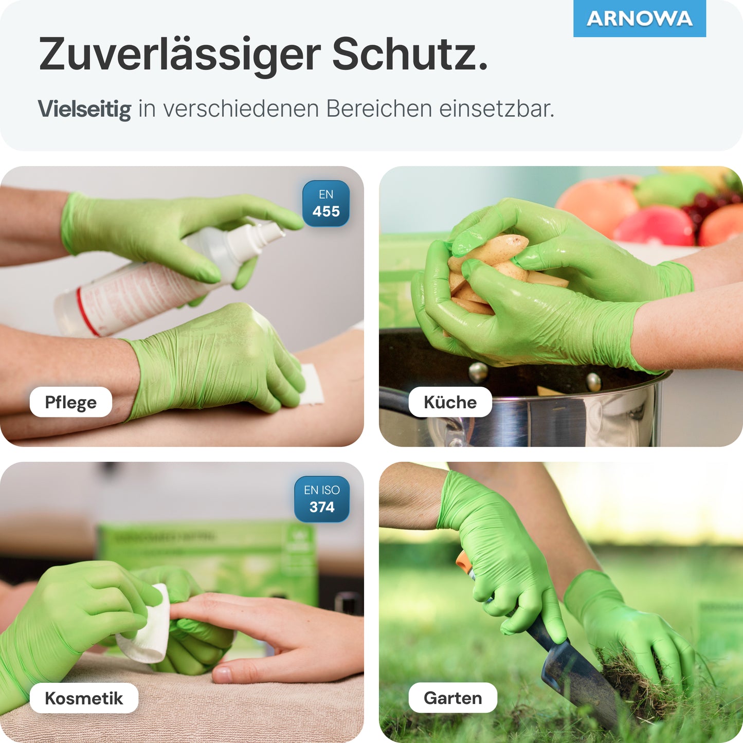 Koláž ukazuje ruky v limetkovozelených jednorazových rukaviciach ARNOMED NITRIL LIME GREEN z nitrilu od spoločnosti ARNOWA GmbH - pri sprejovaní plechovky, umývaní zemiaka, držaní vatového tampónu a používaní záhradníckych nožníc. Latexové rukavice poskytujú všestrannú ochranu.