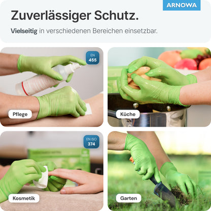 Koláž ukazuje ruky v limetkovozelených jednorazových rukaviciach ARNOMED NITRIL LIME GREEN z nitrilu od spoločnosti ARNOWA GmbH - pri sprejovaní plechovky, umývaní zemiaka, držaní vatového tampónu a používaní záhradníckych nožníc. Latexové rukavice poskytujú všestrannú ochranu.