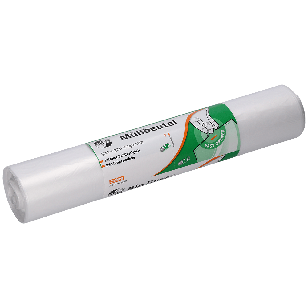 Zobrazené je balenie s 50 transparentnými DEISS 39001 vreckami na odpad (320+320x740 mm) od EMIL DEISS KG. Balenie zobrazuje zelené a oranžové etikety s nemeckým textom a grafikou ruky pre jednoduché vyberanie vreciek.